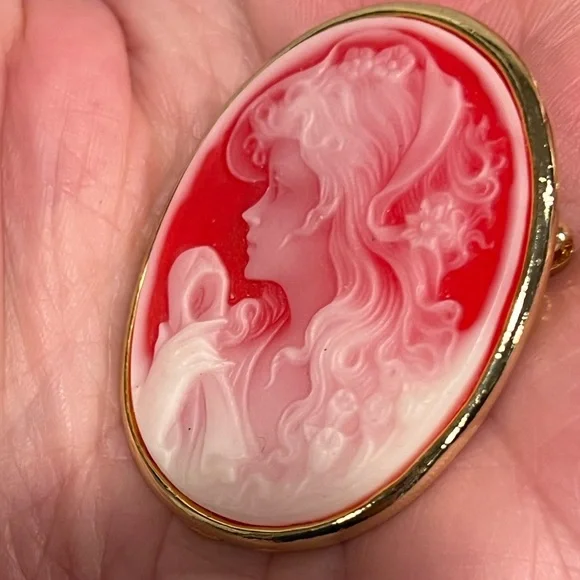 Vintage Cameo left facing Red and White Brooch - Picture 5 of 7